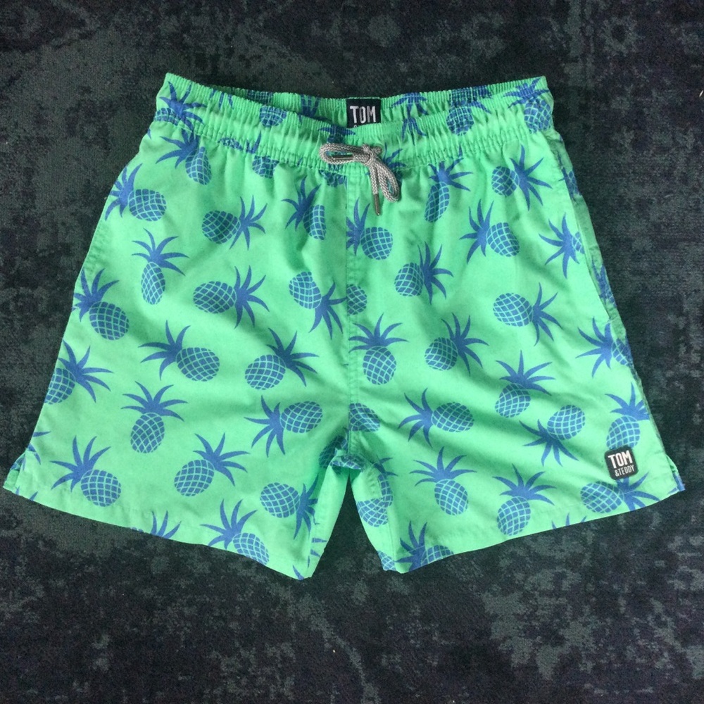 Men's Tom and Teddy Small Lined Green Pineapple Swim Shorts Trunks
